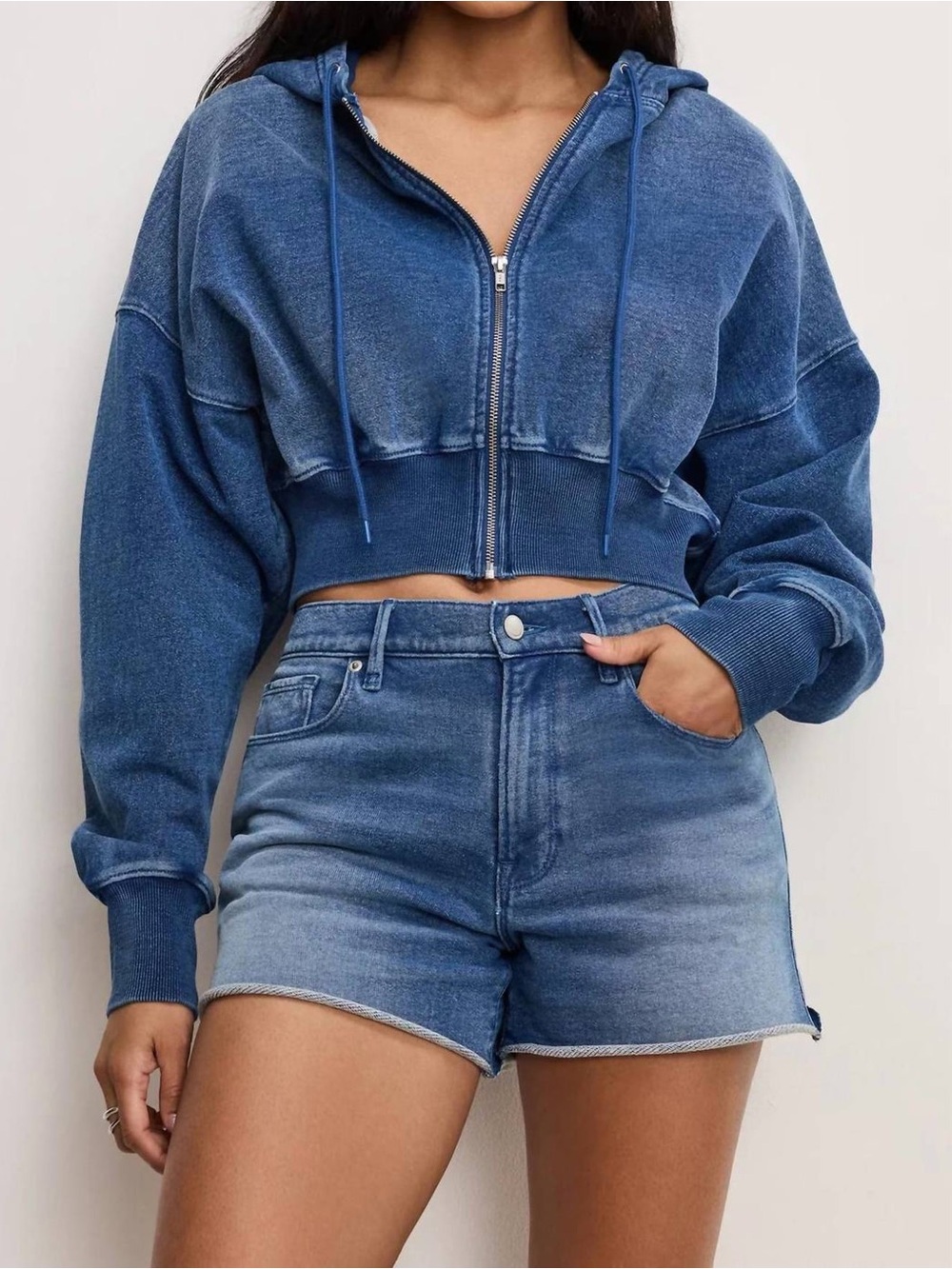 Good American Jeanius Zip Up Hoodie Indigo900 Size L NWT